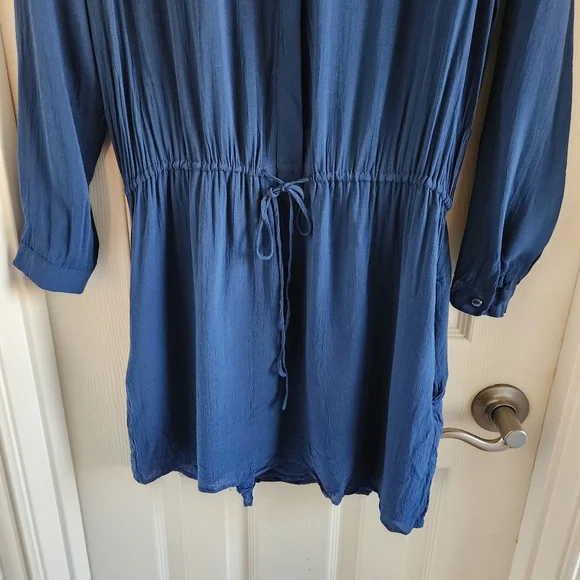 Vince Henley Long Sleeve Blue Rayon Drawstring Shirt Dress Button Front Size S - Picture 5 of 9